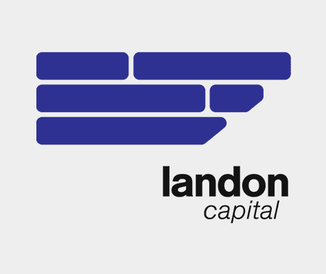 A blue and white logo of landon capital.