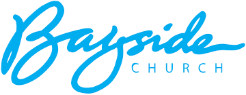 A blue and white logo for the bayside church.