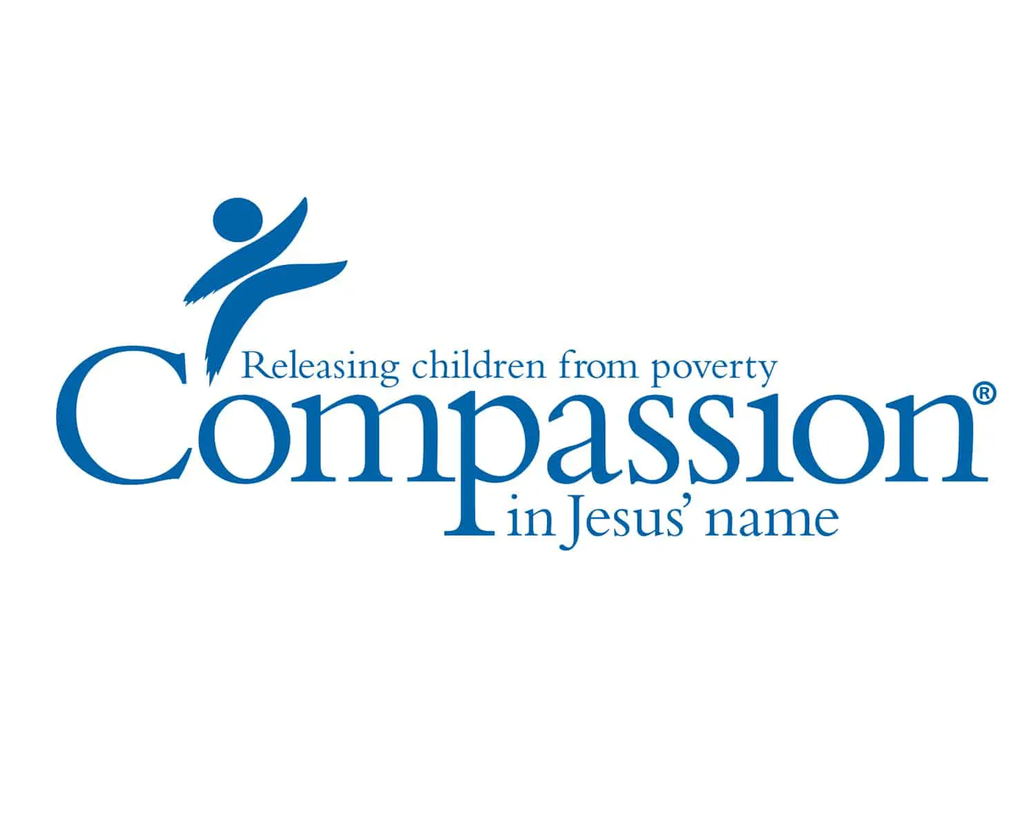 A blue and white logo for compassion in jesus name.